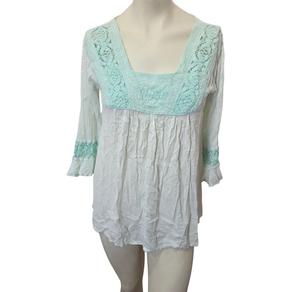 Cute Options Boho Peasant Tunic Top White‎ Mint Crochet Bell Sleeve Small
